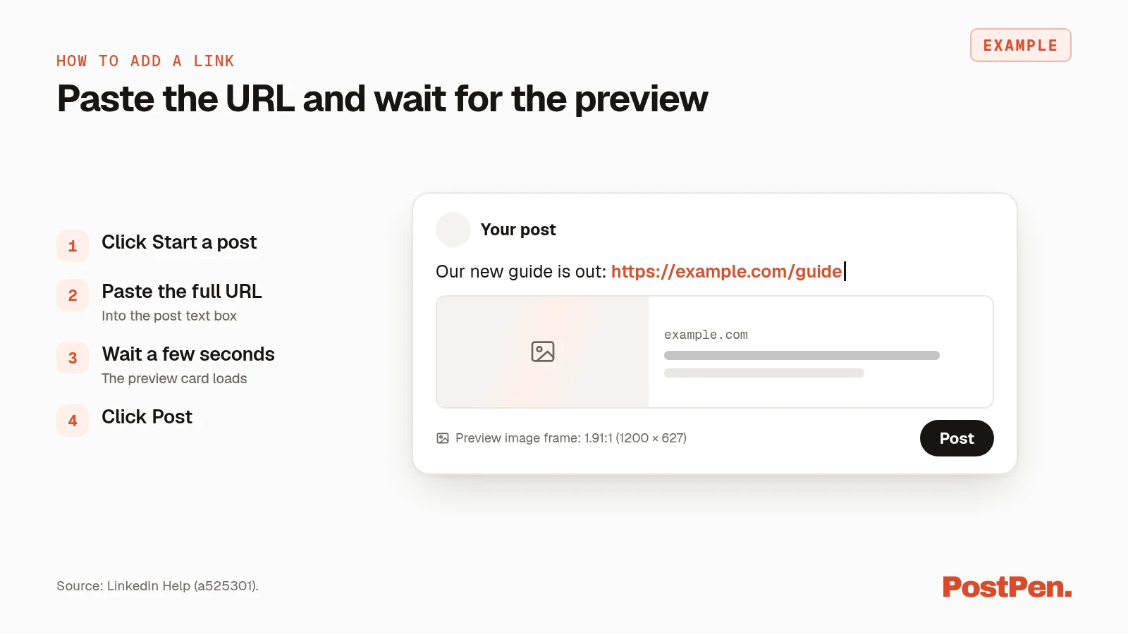 LinkedIn post composer with a pasted URL and a link preview card.