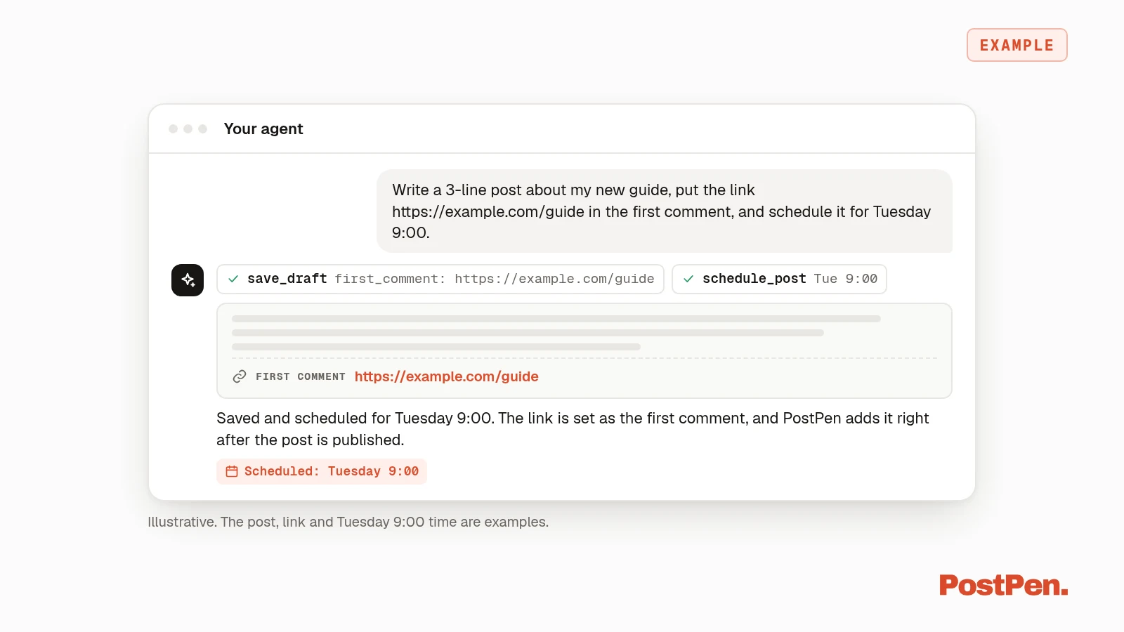Example AI agent scheduling a LinkedIn post with the link added as the first comment.