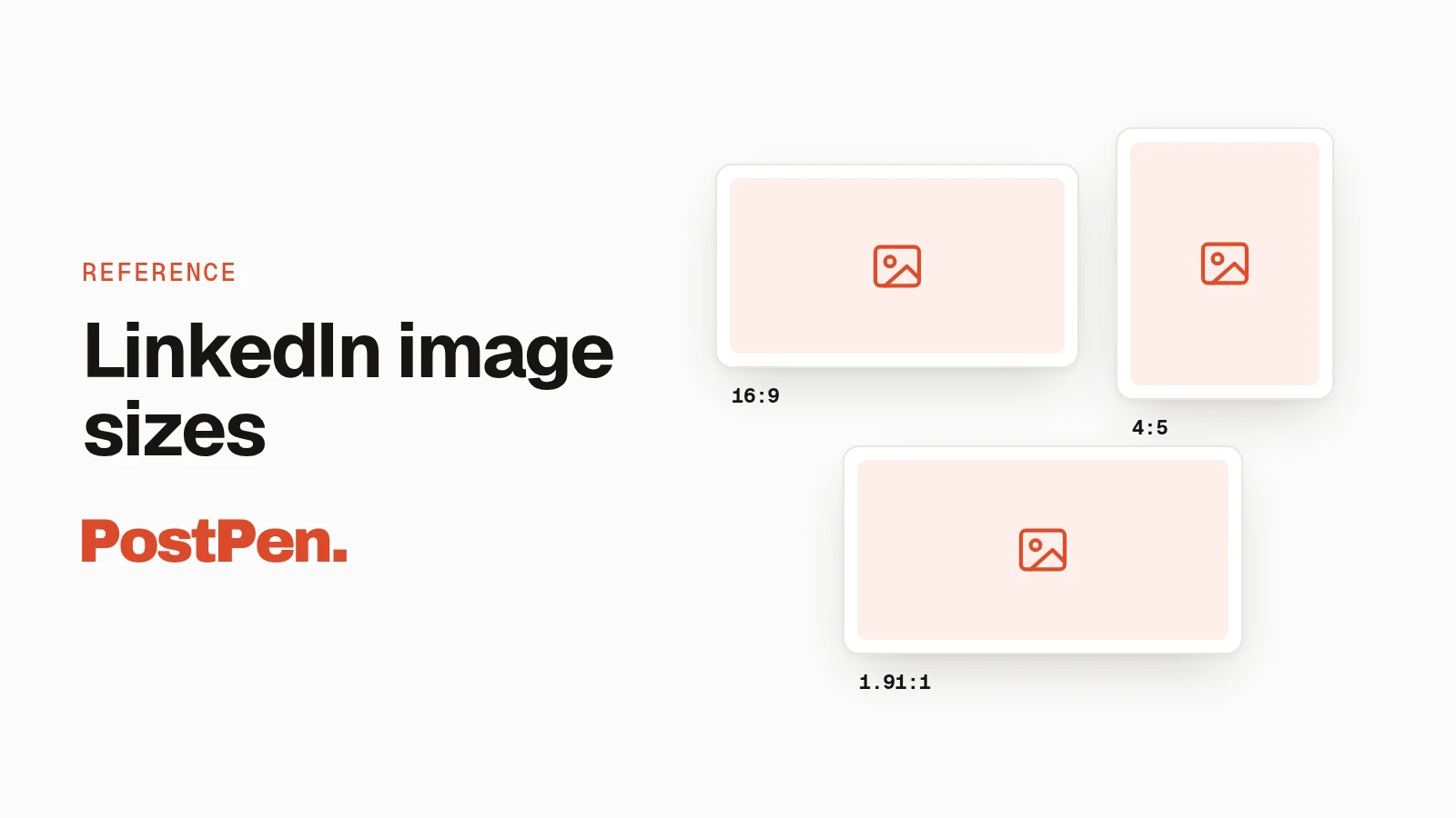 PostPen cover: 'LinkedIn image sizes' with three image frames at 16:9, 4:5 and 1.91:1.