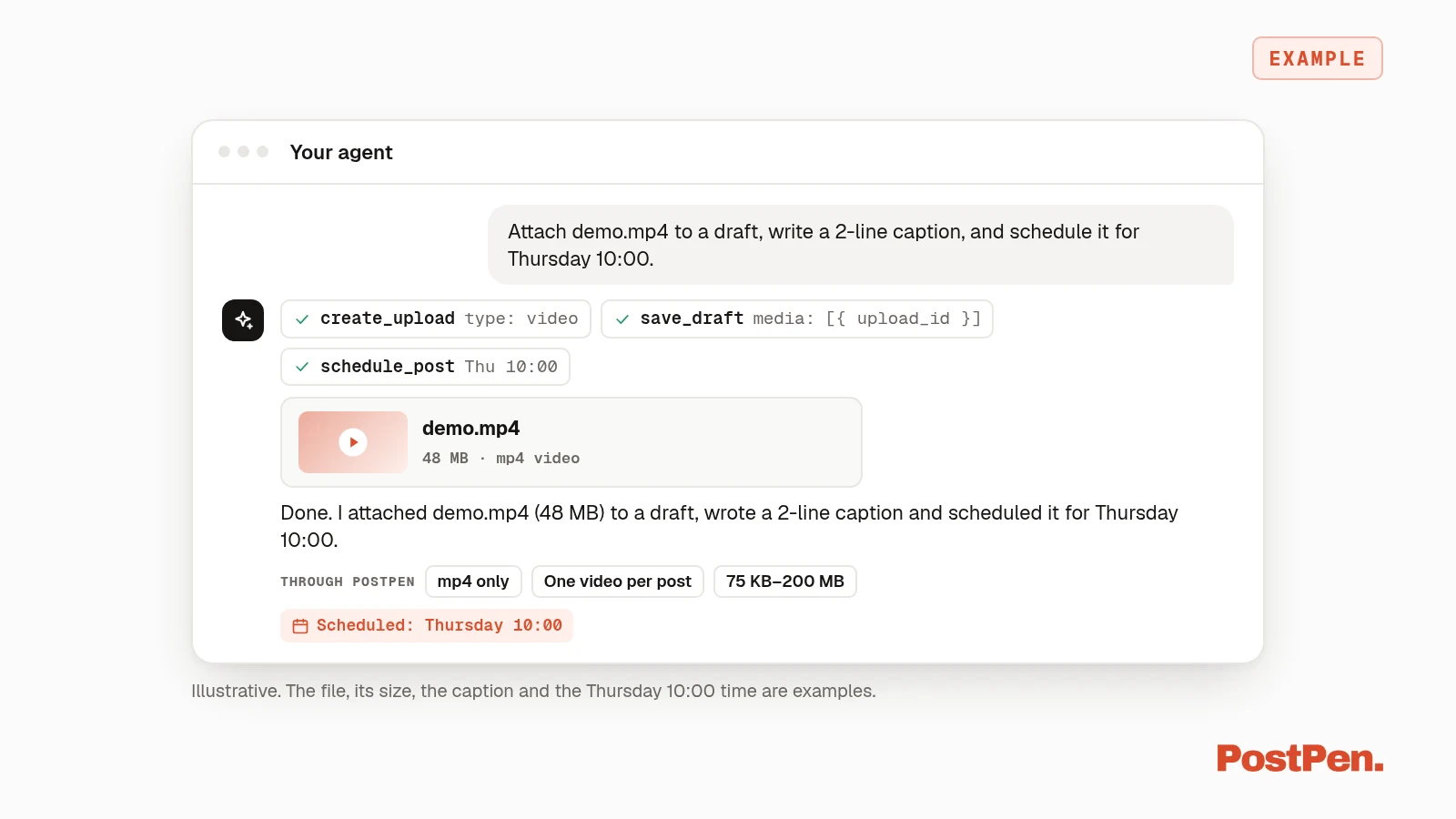 Example AI agent attaching an mp4 video to a LinkedIn draft and scheduling it.