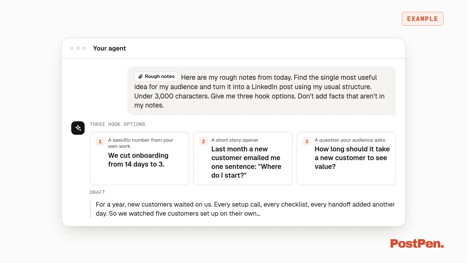 AI agent chat showing a LinkedIn post prompt and a draft with three hook options.