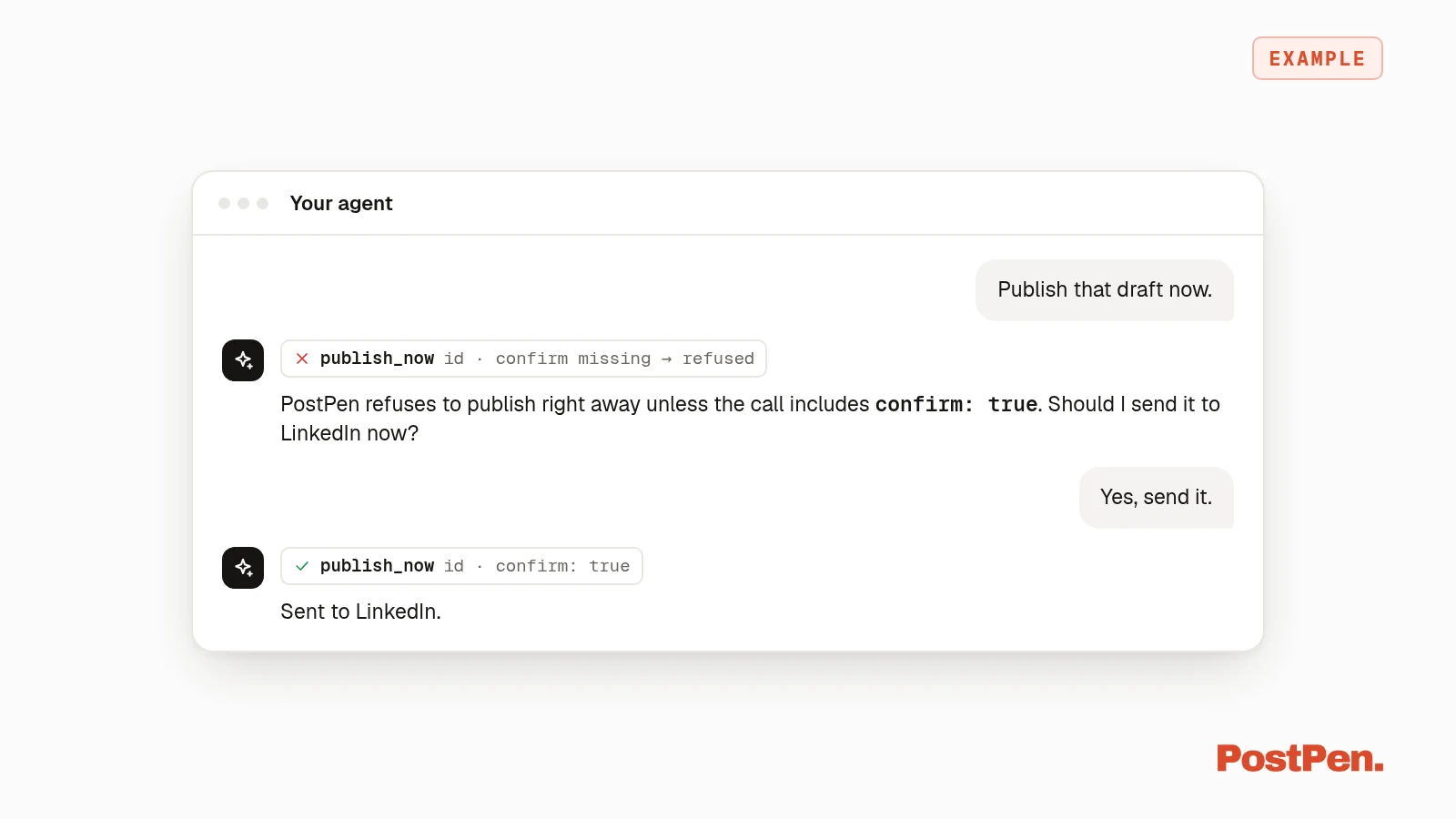 AI agent's publish_now call refused by PostPen until confirm is true.