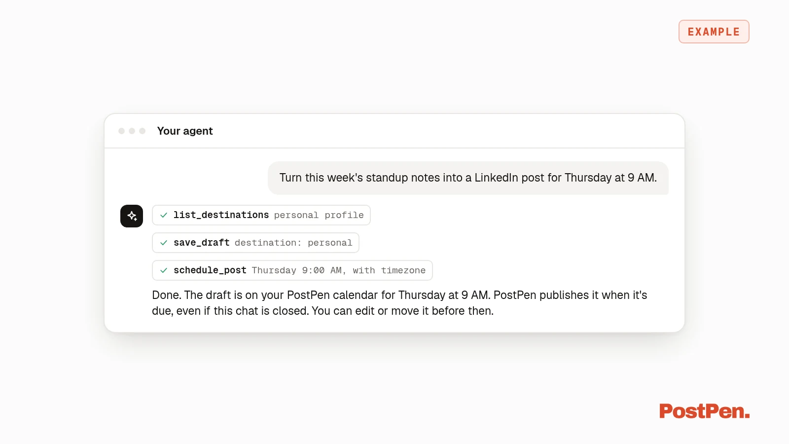 AI agent saving a LinkedIn draft and scheduling it with PostPen for Thursday at 9 AM.